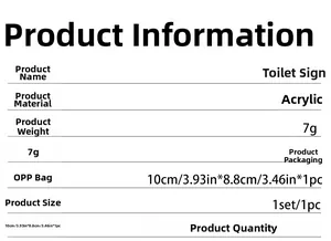 Detailed size specifications for acrylic toilet sign measuring 10x8.8cm in five colors