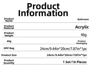 Detailed chart showing specifications for 16-piece acrylic bathroom wall mirror stickers