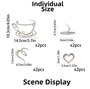 Detailed size chart for 3D acrylic mirror coffee cup wall stickers showing set dimensions