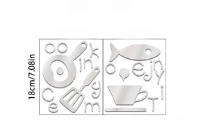Detailed product size layout for 3D acrylic mirror kitchen wall decals in silver
