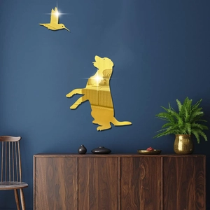 Golden mirror wall stickers featuring a cute dog and hummingbird on a dark blue wall