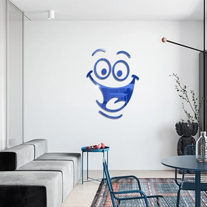 Modern sapphire blue acrylic mirror wall sticker with funny smile face for living room