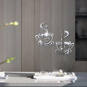 3D Mirror Acrylic Coffee Cup Wall Sticker Heart Pattern Self Adhesive DIY Decal For Kitchen Dining Room Coffee Shop Decor