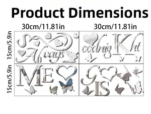 Detail view of mirror acrylic wall stickers with Kiss Me text heart and butterfly motifs