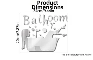 Detailed size chart for the silver acrylic mirror bathroom wall sticker and silhouettes