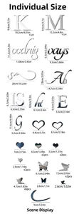 Size guide for KISS ME mirror wall stickers including letters, hearts and butterfly measurements