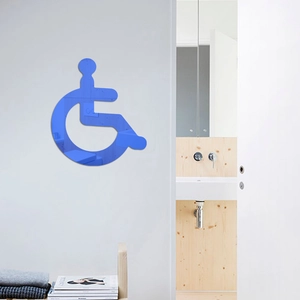 Blue acrylic mirror disability wheelchair symbol sign for restroom walls and accessibility