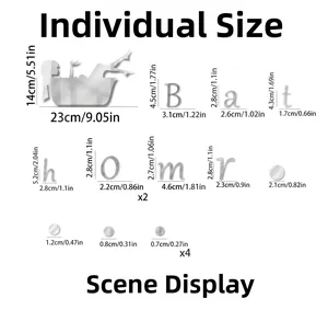 Detailed dimensions of silver acrylic bathroom wall stickers with female silhouette and letters