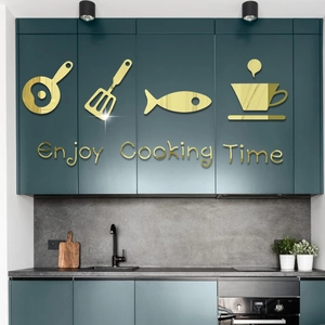 3D acrylic mirror wall stickers in gold with Enjoy Cooking Time text for kitchen decor