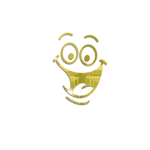 Macro detail of golden smiley face mirror wall sticker with reflective metallic finish