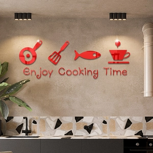 3D Red Acrylic Mirror Kitchen Wall Stickers with Enjoy Cooking Time Quote Design