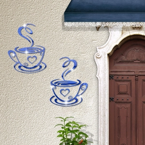 Detail of blue acrylic mirror wall stickers showing coffee cup shape with heart and steam