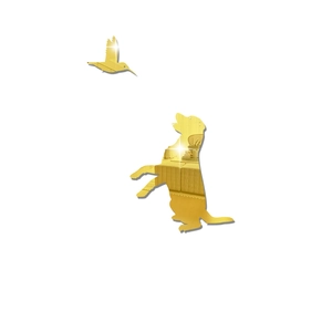 Detail of golden mirror wall stickers featuring a sitting dog and hummingbird silhouettes
