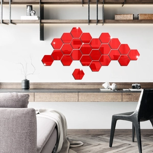 Adesivi murali a specchio 3D esagonali rossi in acrilico per decorazioni creative del soggiorno