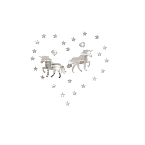 Macro detail of silver mirror acrylic wall stickers with unicorn hearts and stars