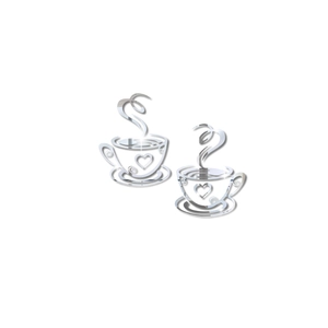 Detail of silver 3D mirror coffee cup wall stickers with heart pattern and steam
