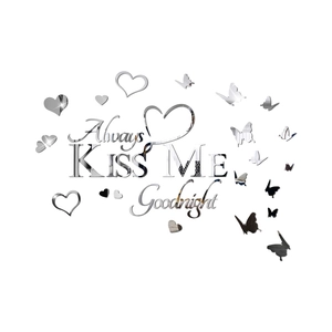 Macro detail of 3D mirror wall stickers with Always Kiss Me Goodnight text and hearts