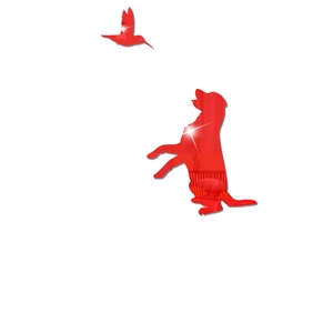 Detail of red acrylic mirror wall stickers featuring a cute dog and flying bird silhouette