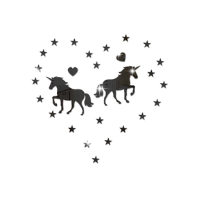 Macro detail of unicorn and star acrylic mirror wall stickers in a heart shape layout