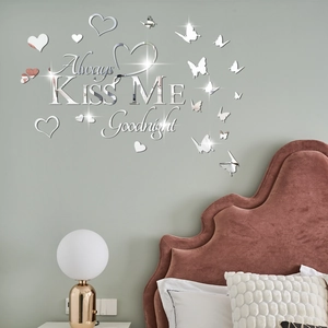 3D Mirror Wall Stickers Always Kiss Me Goodnight Quote Heart Butterfly Acrylic Art Decal For Bedroom Living Room Decor