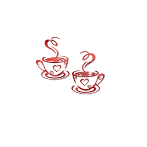 Detail of red 3D mirror coffee cup wall stickers with heart motif and steam design
