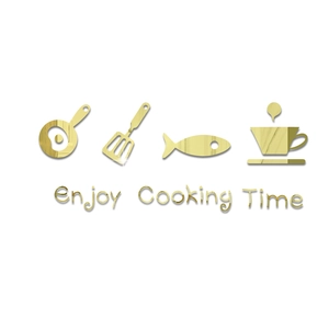 Macro view of golden 3D acrylic mirror wall stickers with Enjoy Cooking Time lettering