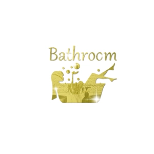 Detail of golden acrylic bathroom mirror wall sticker with tub silhouette and lettering