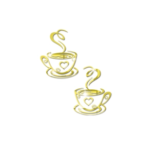 Detail view of gold mirror coffee cup wall stickers with heart-shaped cutout and steam lines