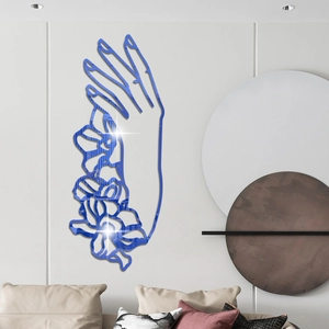 Décoration murale miroir acrylique bleu avec dessin au trait main et fleur pour intérieur