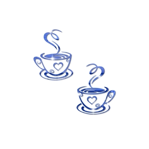 3D mirror coffee cup wall stickers in electric blue acrylic with heart steam pattern