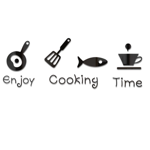 3D acrylic kitchen wall stickers featuring Enjoy Cooking Time text and cookware icons