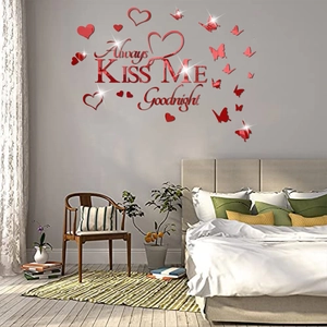 3D Red Acrylic Mirror Wall Sticker with Always KISS ME Goodnight text and hearts