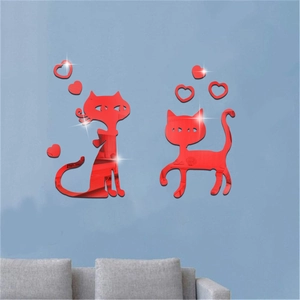 Rote Acryl-Spiegelwandaufkleber mit Cartoon-Katzen und Herz-Elementen für Raumdekoration