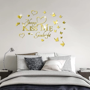 3D golden mirror wall sticker Always Kiss Me Goodnight with hearts for bedroom