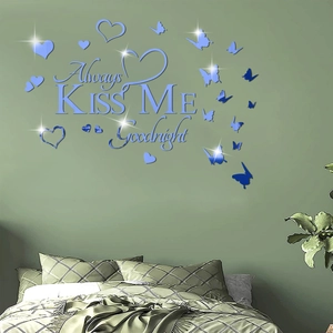 Blue mirror wall stickers featuring Always Kiss Me Goodnight with hearts and butterflies