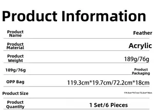 Specifications for acrylic feather wall stickers in various sizes and color options