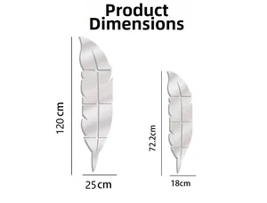 Size chart showing feather mirror wall sticker dimensions in 120x25cm and 72.2x18cm