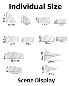 Detailed size chart showing dimensions for 12 feather-shaped mirror wall stickers
