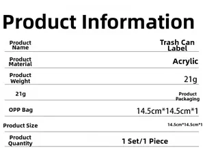 Specifications for the 14.5cm acrylic trash bin sign available in multiple colors