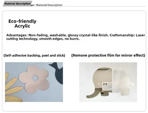 Detail showing self-adhesive acrylic mirror wall stickers with flower and elephant shapes