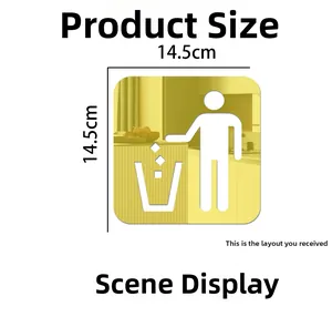 Square yellow trash sign with white icon and 14.5cm size dimension details