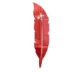 Close-up detail of red feather acrylic mirror wall sticker with reflective surface