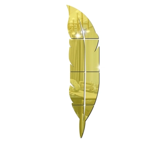 Detailed macro view of golden mirror acrylic feather wall sticker with reflective surface