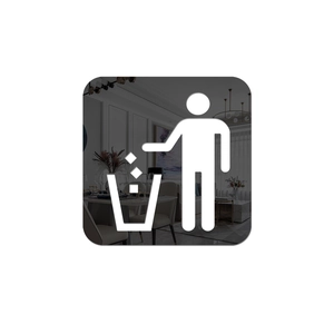 Macro detail of square acrylic mirror trash sign with person and bin icon