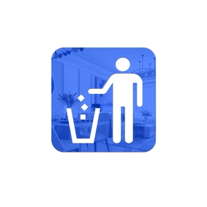 Blue acrylic square trash bin sign with rounded edges and universal waste symbol