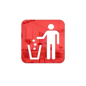 Detailed view of red square acrylic trash sign with white person icon for home and mall