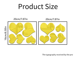 Detailed dimensions of 10-piece acrylic heart mirror wall stickers in a gold finish