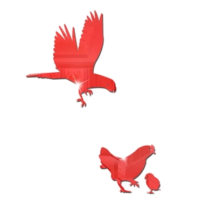 Macro detail of red acrylic mirror wall sticker set featuring eagle, hen, and chick figures