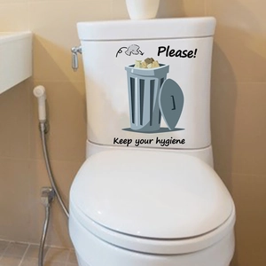 Waterproof PVC toilet sticker showing gray bin icon and keep hygiene text on ceramic tank