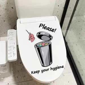Waterproof PVC toilet sticker with cartoon trash can and Keep your hygiene reminder